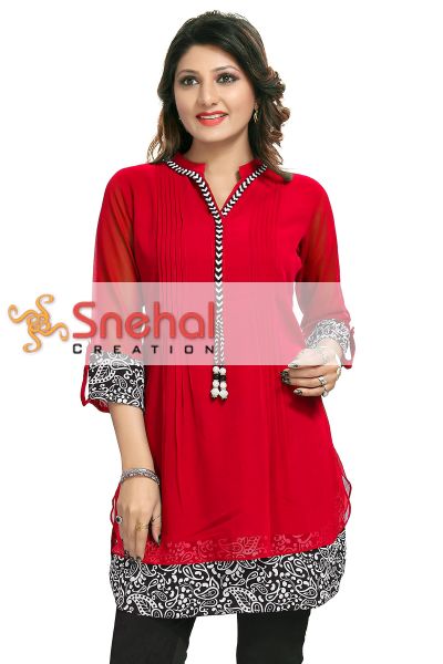 Beautilicious Red Fine Georgette Party Wear Layered Short Tunic