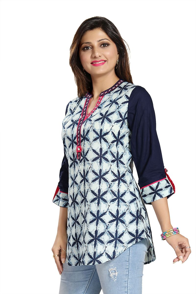 Casual Craze Blue and White Cotton Printed Short Tunic Top for Women