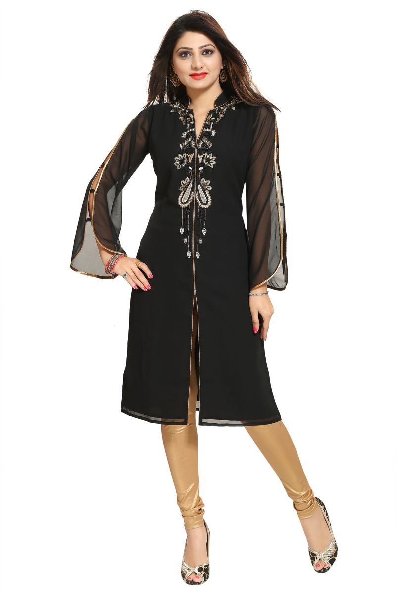 Designer Black Beauty Georgette Long Tunic with Stylish Sleeves