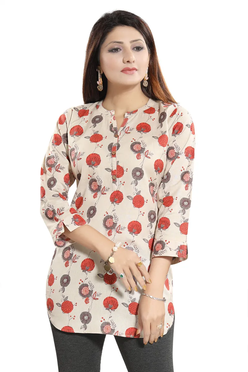 Cream Coloured Ikkat Print Cotton Short Kurti Top