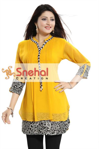 Beautilicious Yellow Fine Georgette Party Wear Layered Short Tunic