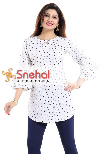 Star Attire White Poly Crepe Short Kurta with Frilled Sleeves