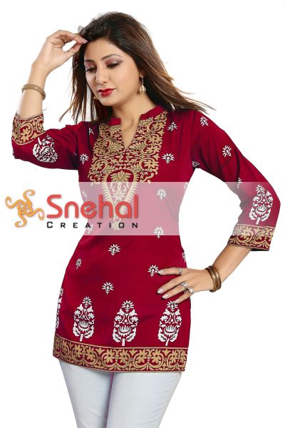 Red Endearing Ethnicity Short Maroon Tunic for Women
