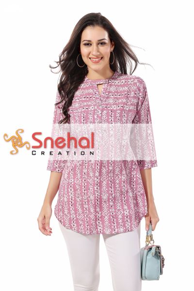 Pink Poly Crepe Short Tunic Top For Everyday Wear