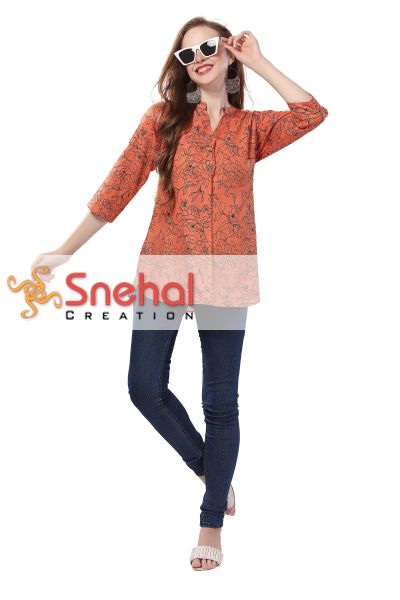 Fashionably Rustic Printed Short Tunic in Faux Crepe