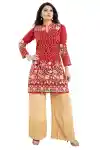 Resplendent-Red-Fine-Georgette-Short-Tunic-Top-With-Beige-Embroidery