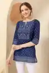 Blue-Cotton-Print-Mandarin-Collar-Short-Tunic-Top