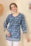 Blue-Elegant-Floral-Print-Cotton-Short-Kurti-with-Round-Neck